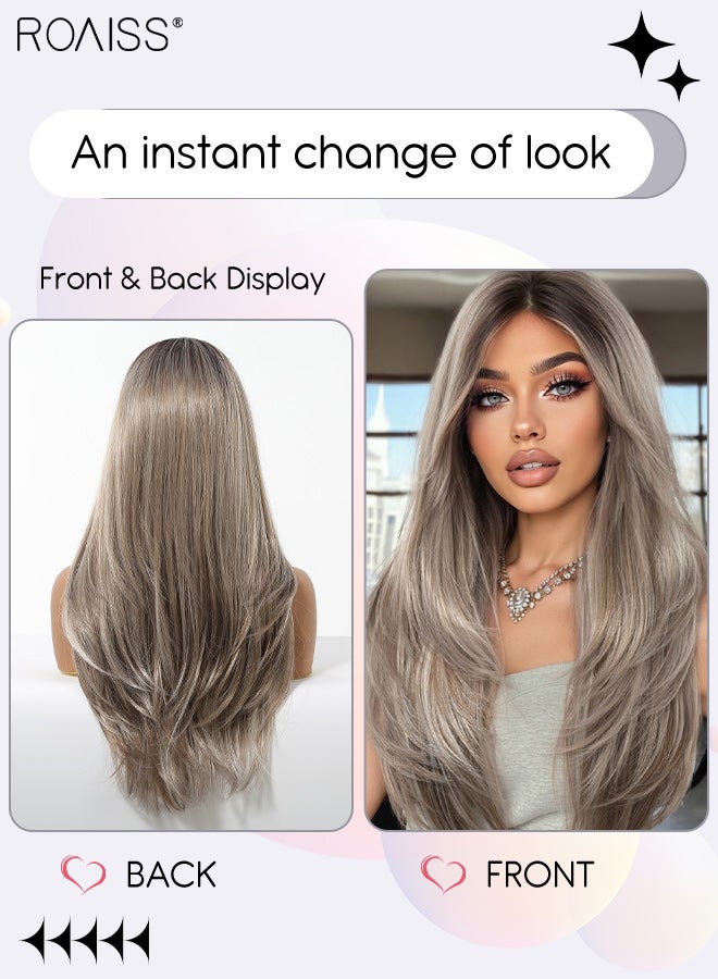 roaiss Gradient Grey Long Straight Wig, Women's Middle Parted Soft Synthetic Heat Resistant Layered Wig, Natural Looking Suitable for Wedding, Cosplay Party Daily Wear, 65cm (26 Inches) - Image 2